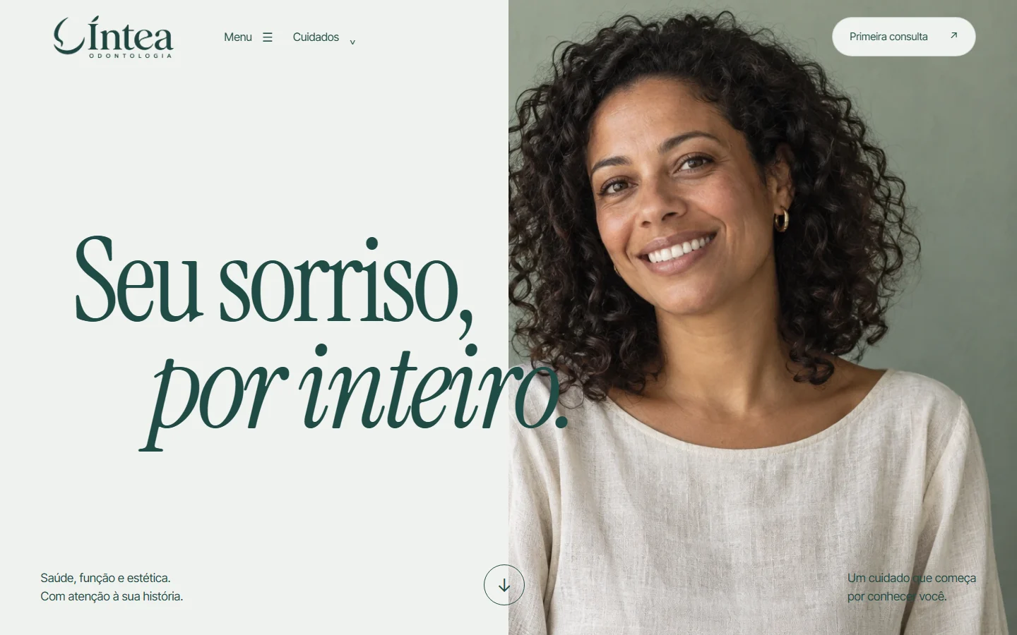 Homepage da Íntea Odontologia, com retrato humano e apresentação do cuidado