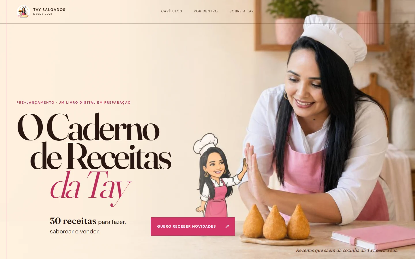 Página de pré-lançamento do Caderno de Receitas da Tay