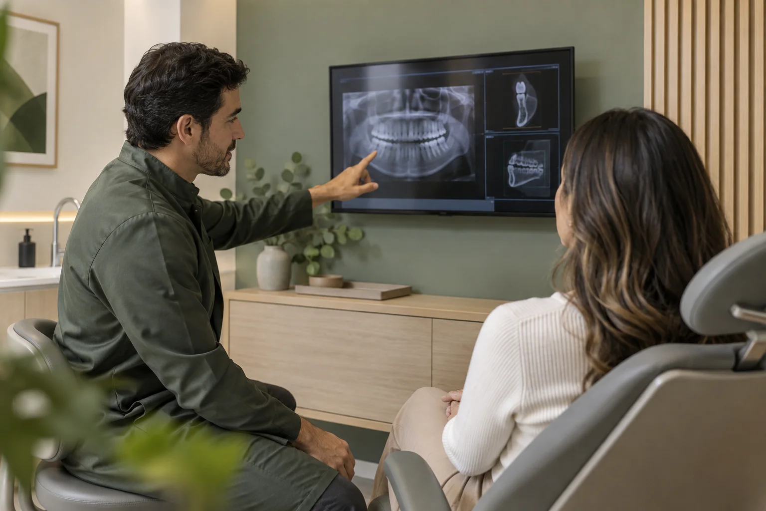 Profissional explica uma imagem odontológica à paciente