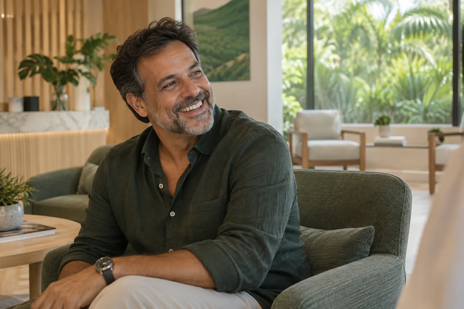 Homem sorrindo com naturalidade em ambiente acolhedor
