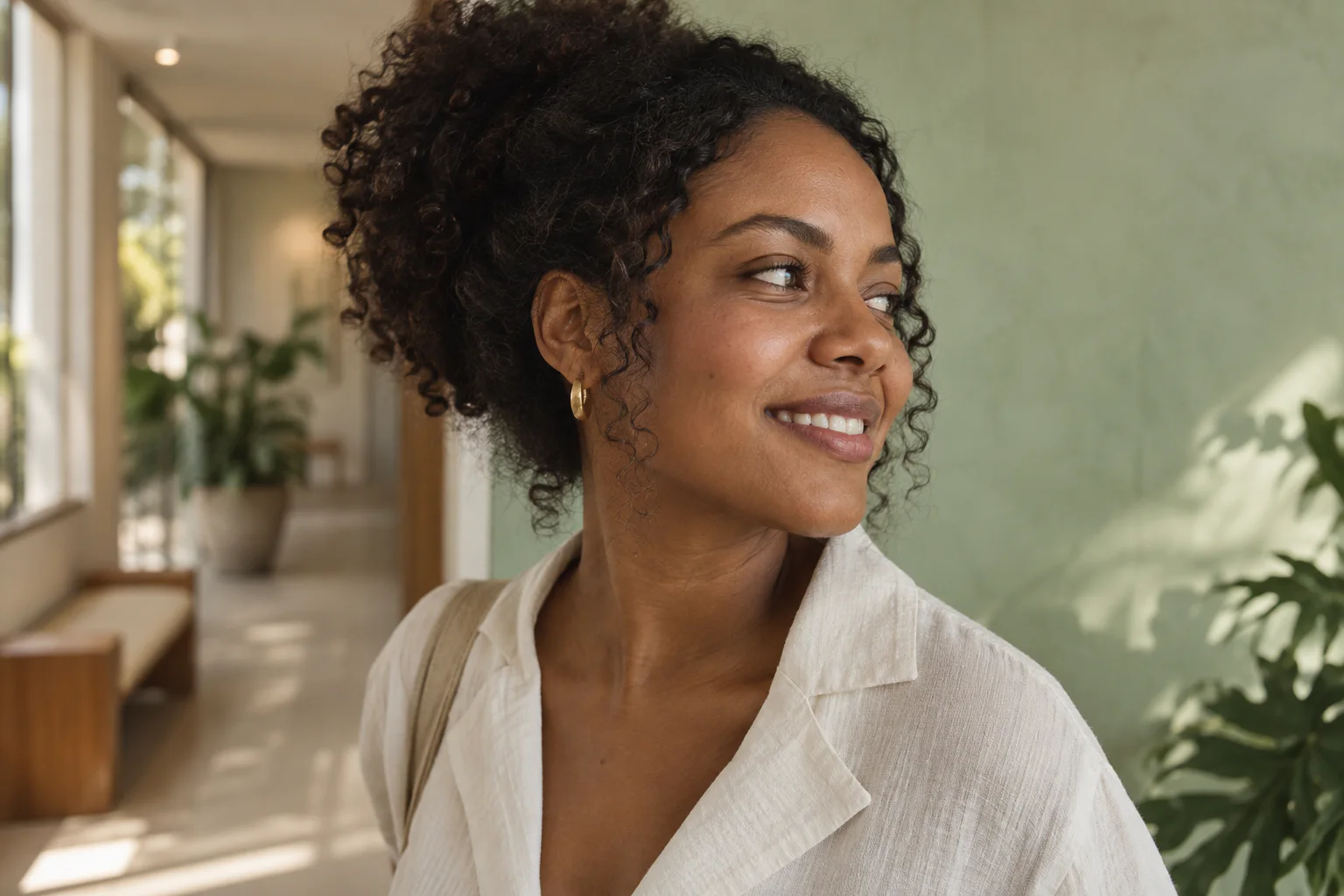 Mulher com sorriso natural em retrato conceitual sobre alinhamento