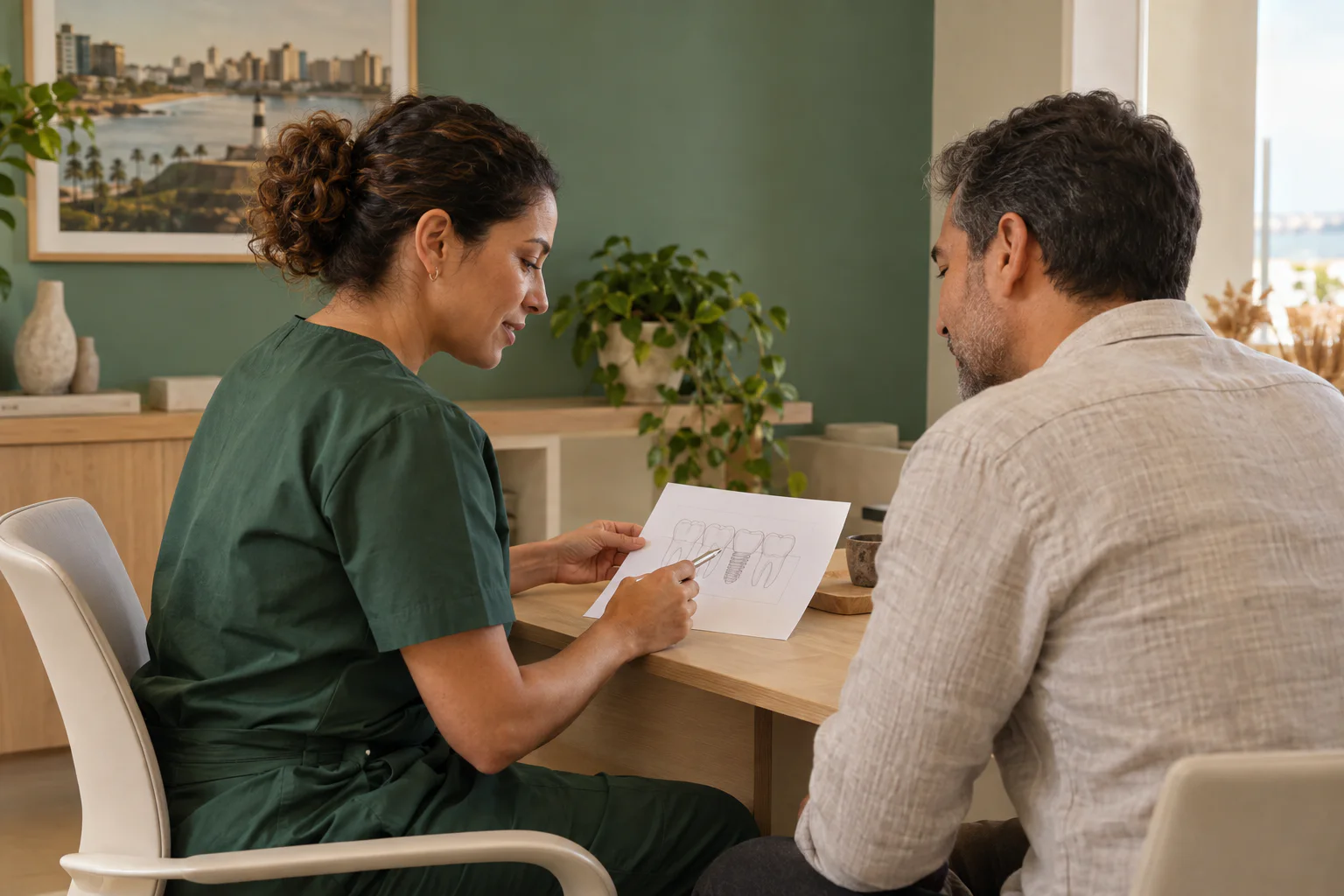 Dentista e paciente conversam sobre possibilidades de cuidado