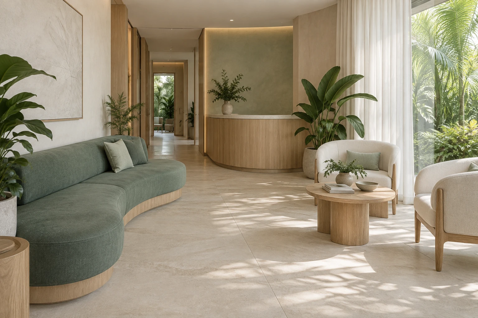 Recepção fictícia com banco verde, madeira clara e luz natural